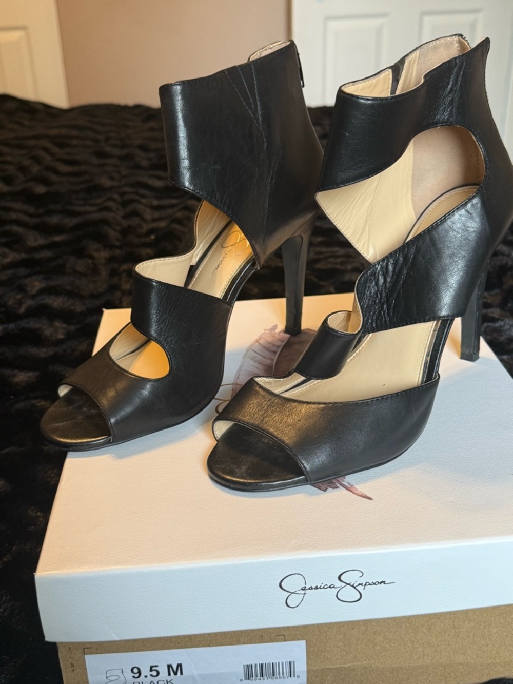 Jessica Simpson Black Cutout Leather Stiletto Sandals